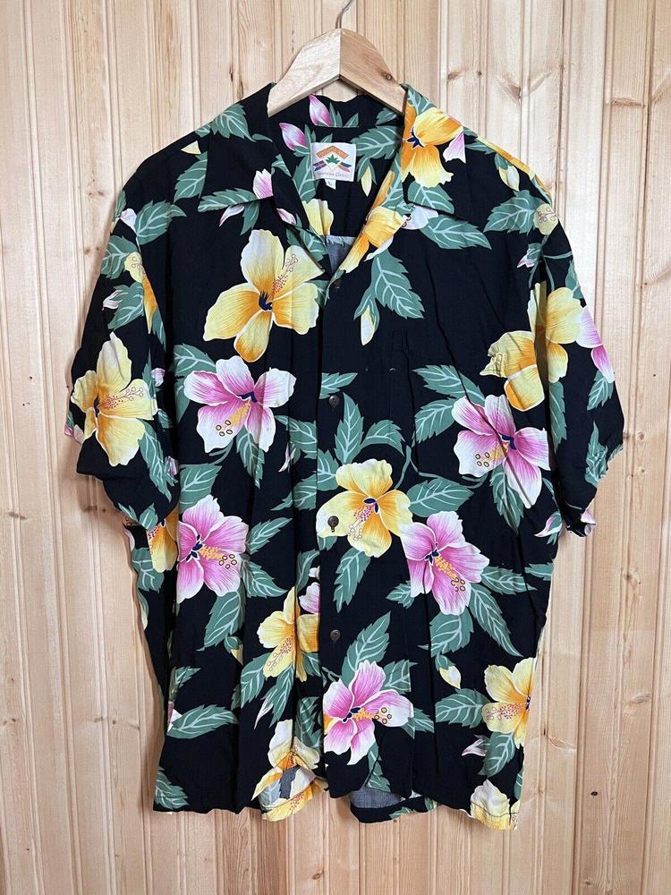Pineapple Juice Hawaiian Shirt Rayon USA Hibiscus Multicolor Button Up Sz L